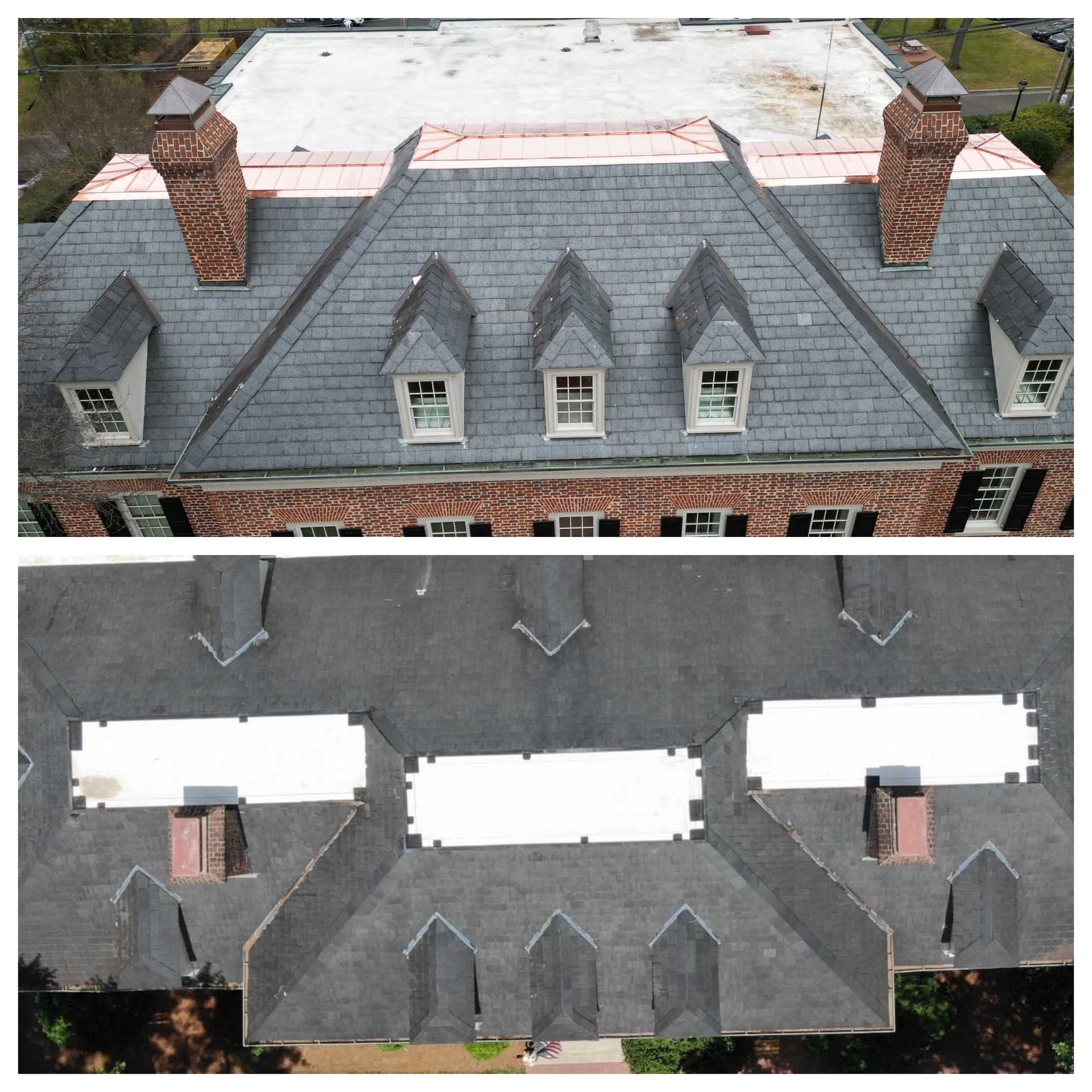 Two aerial views of a brick building with a slate roof. The top shows dormers and chimneys. The bottom view shows the roof's shape.