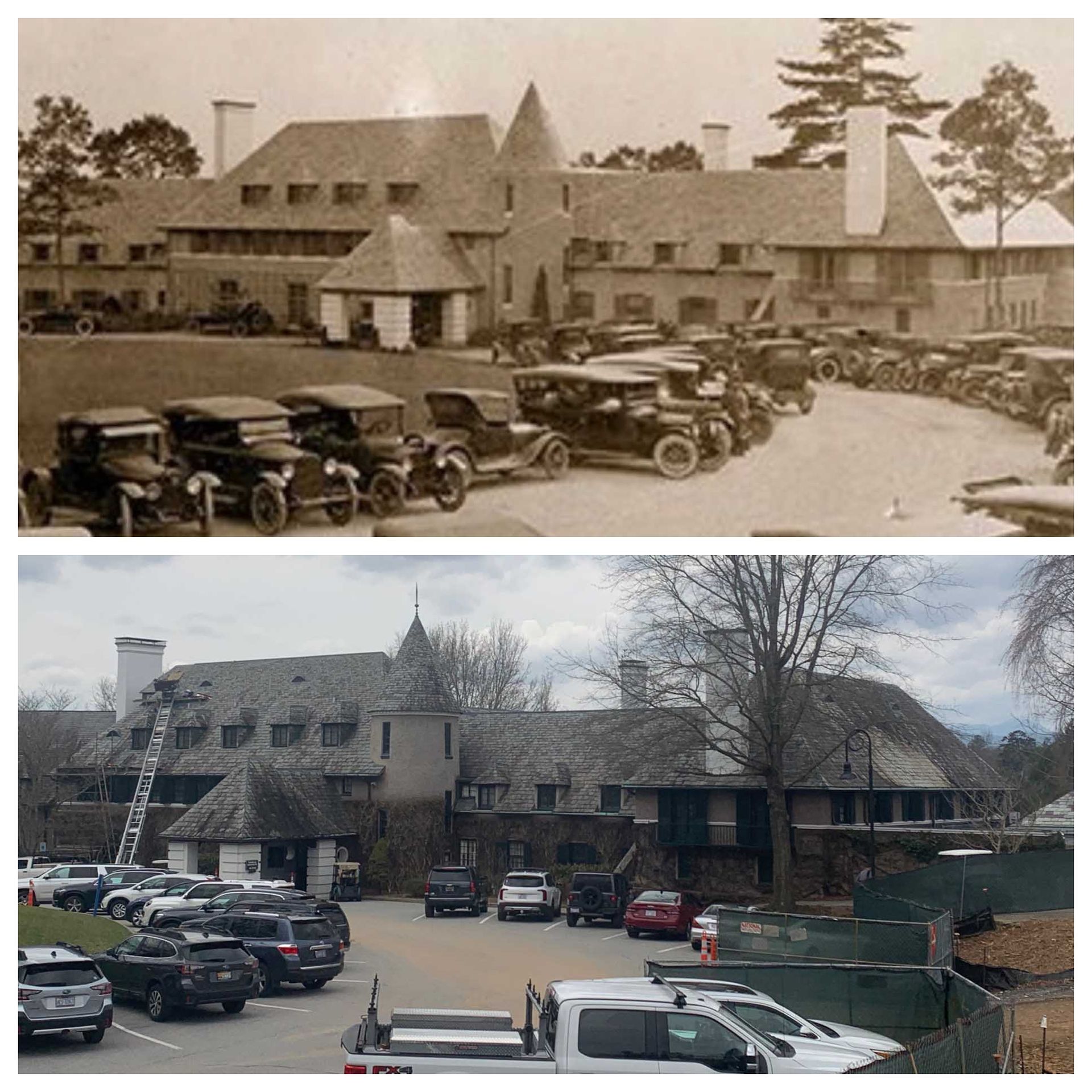Comparison of two photos of a large stone building. Top photo shows it with vintage cars parked in front, while the bottom photo shows it in a modern setting with newer cars.