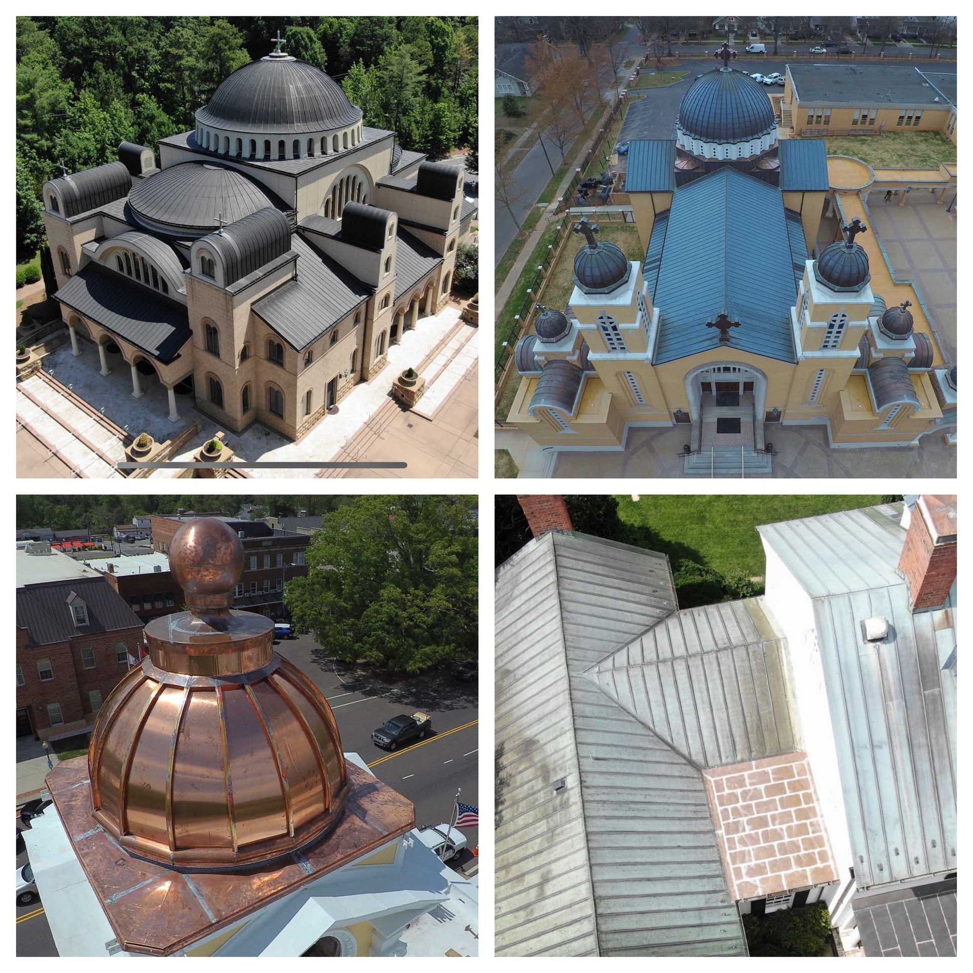 Four overhead shots of buildings with varied architectural details, including domed roofs of different colors and textures.