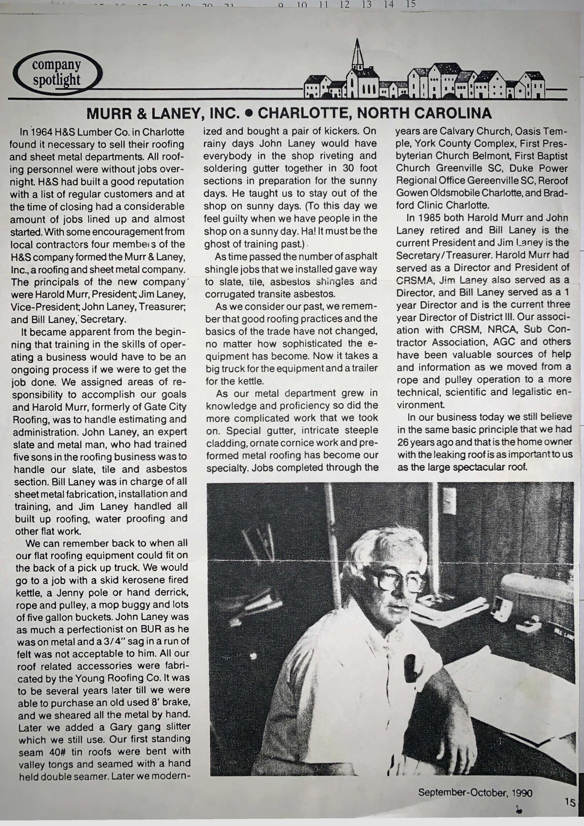 A newspaper clipping about Murr & Laney, Inc. in Charlotte, North Carolina, with a photo of a man in glasses at a desk.