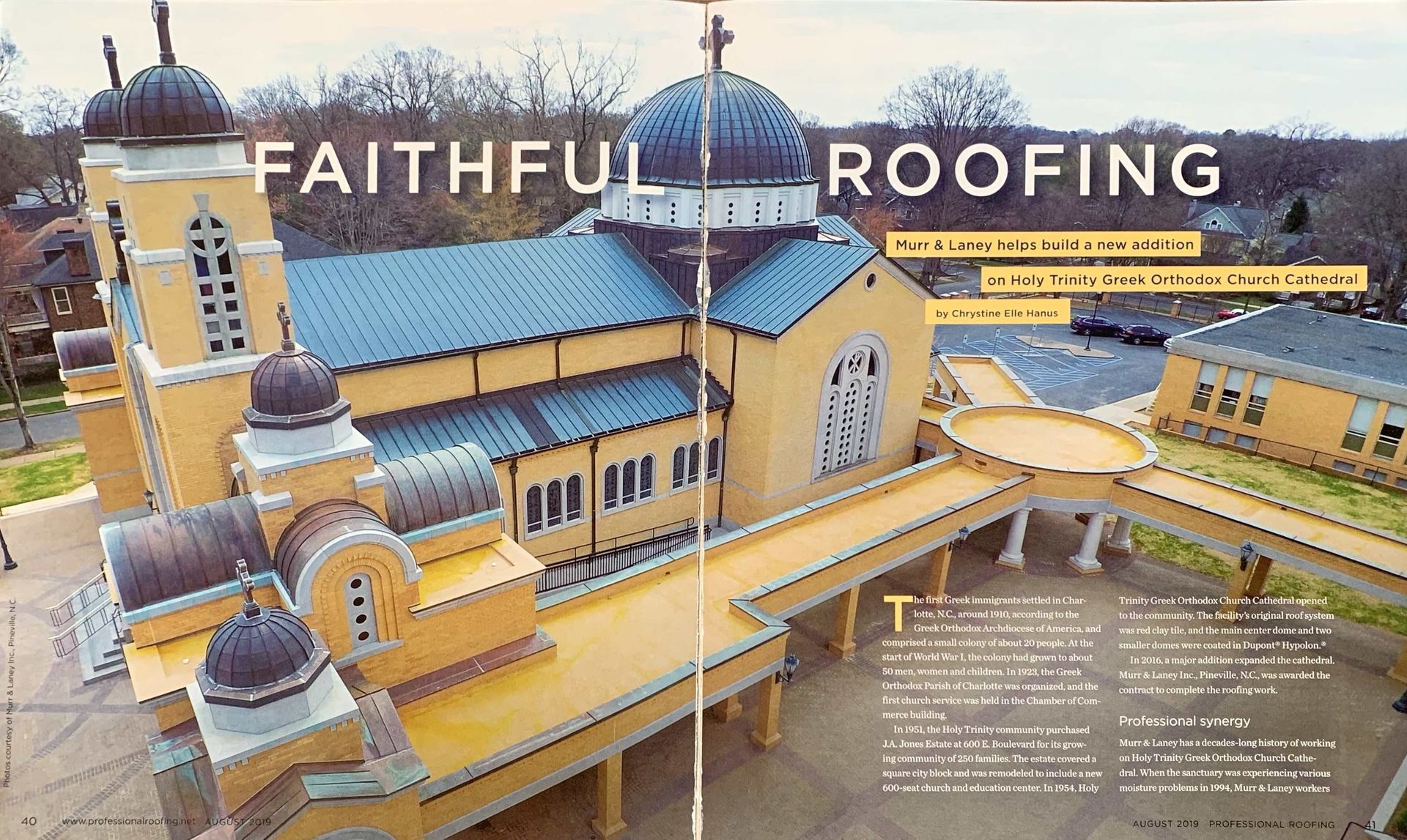 An aerial view of a gold-colored Orthodox church with blue domes and a connecting walkway. The text 