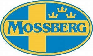 A blue and yellow logo for mossberg with a cross and crowns