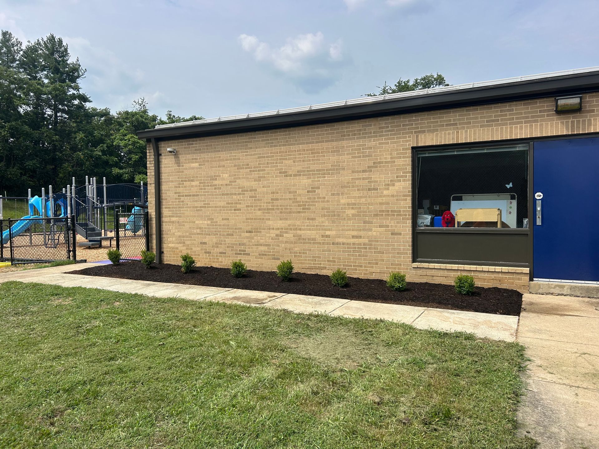 A tan brick school building exterior with a blue door, a window, and a row of small shrubs in dark mulch.