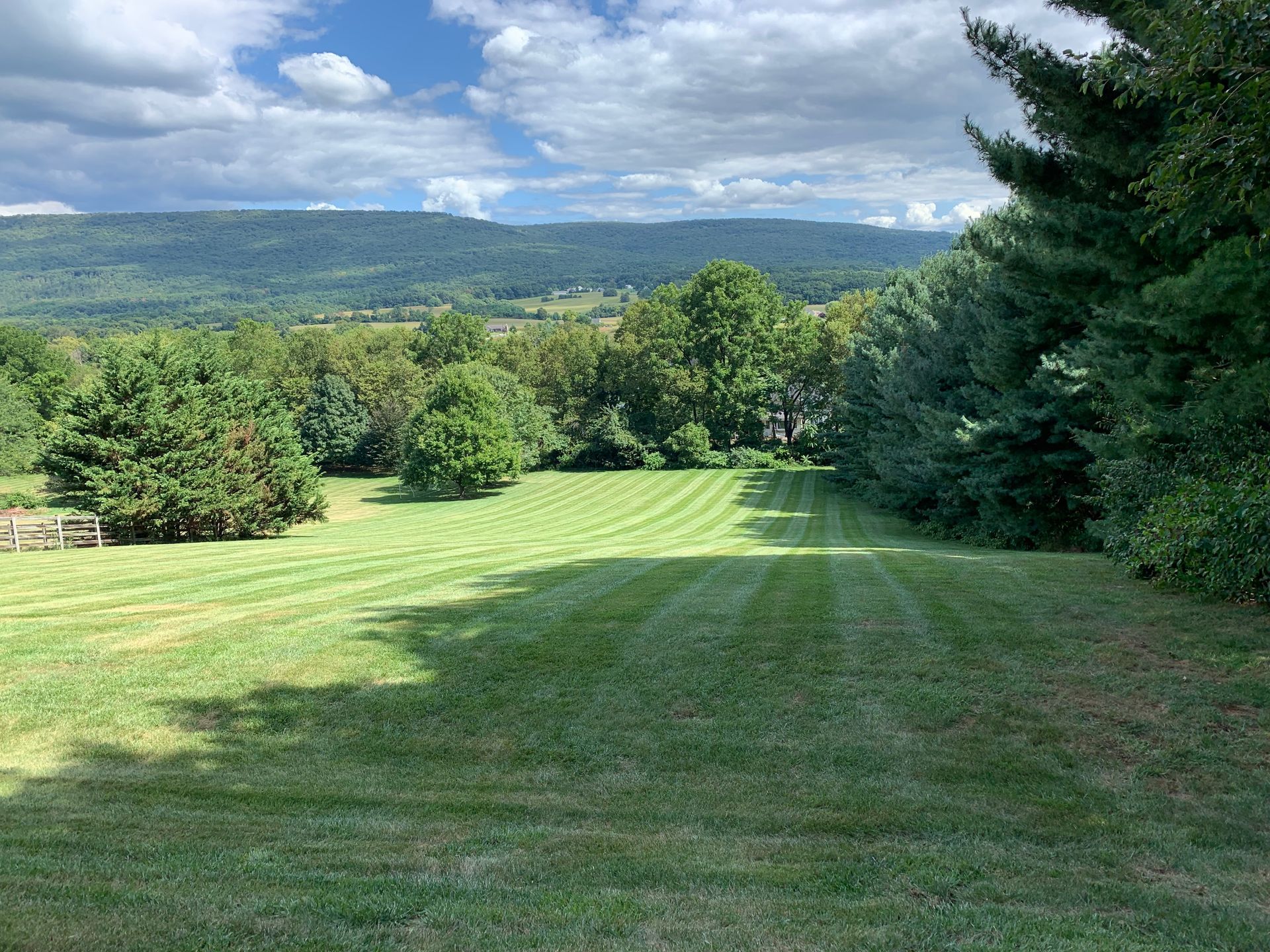 A mowed lawn with prominent striping patterns slopes downward toward a line of trees with distant mountains under a blue sky.