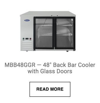 a picture of a back bar cooler with glass doors .