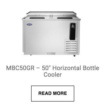 a stainless steel horizontal bottle cooler with a read more button