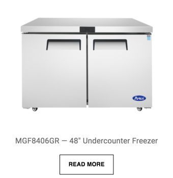 a stainless steel undercounter freezer with two doors