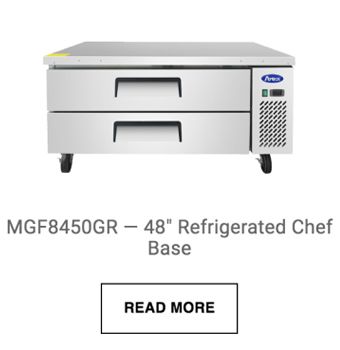 a stainless steel refrigerated chef base with two drawers