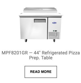 a picture of a refrigerated pizza prep table with a read more button