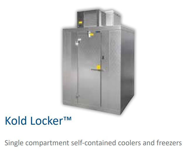 a picture of a cold locker with the words single compartment self contained coolers and freezers