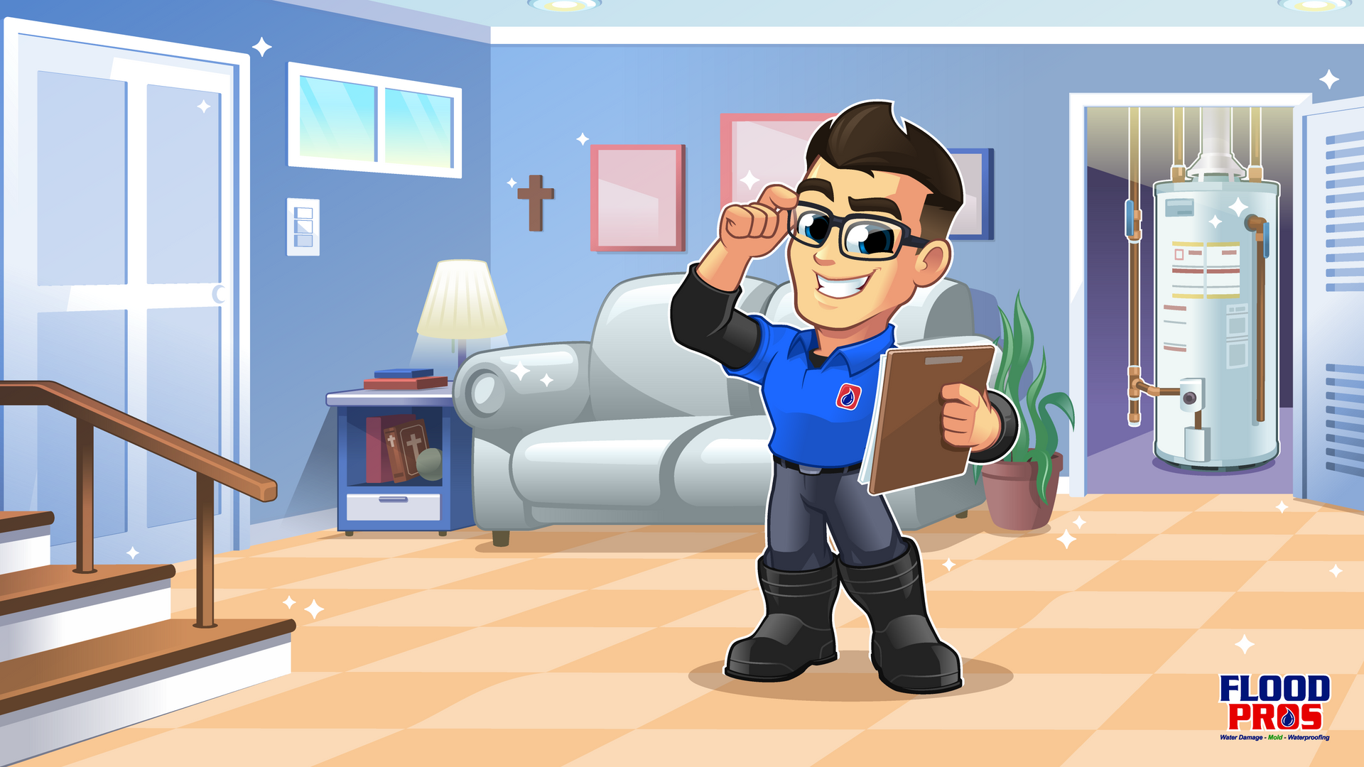 Cartoon plumber in a blue shirt with a clipboard, looking at water heater. Interior of a home with blue walls.