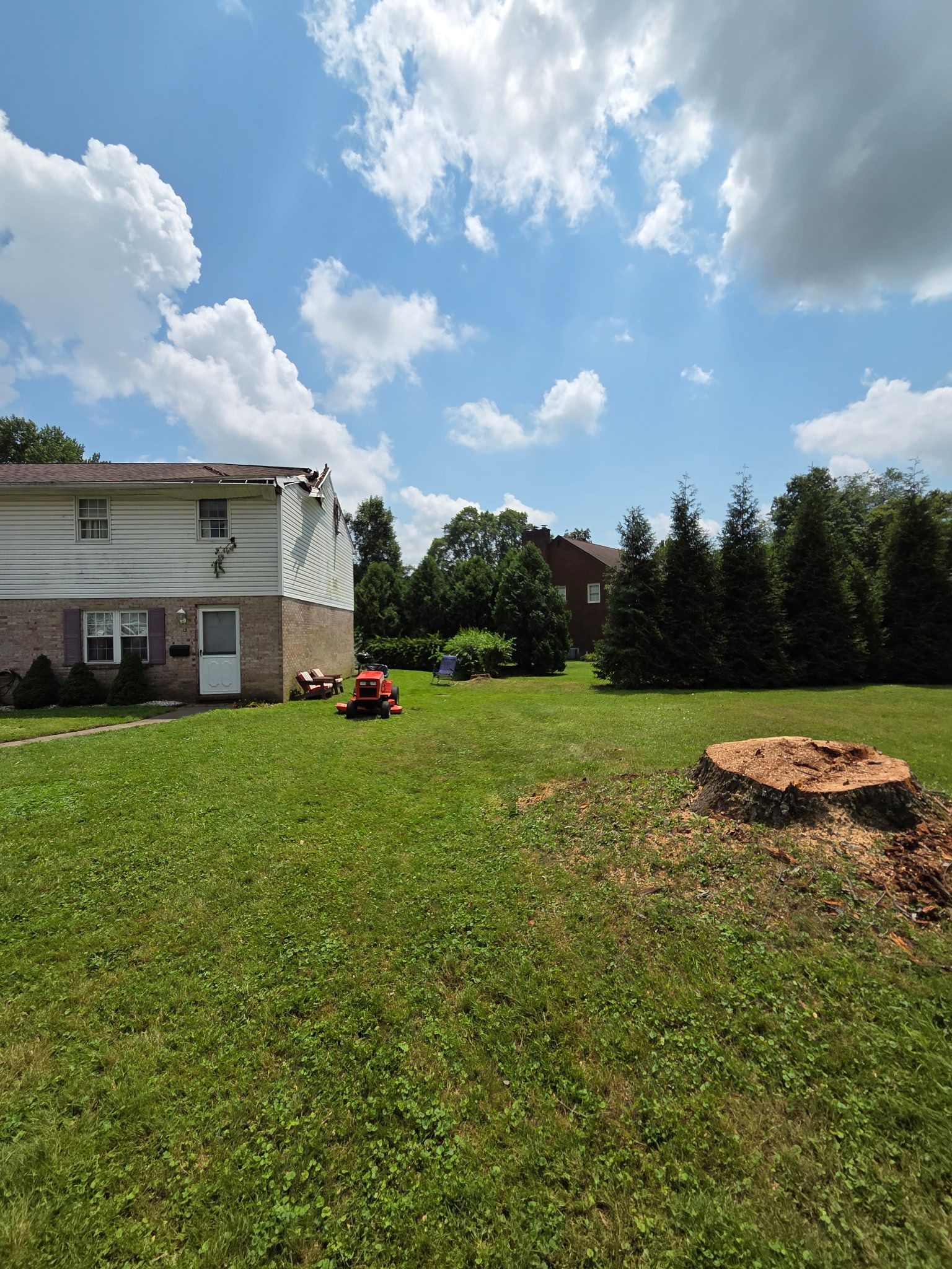 Backyard with a white house, green lawn, tree stump, and red lawn mower under a blue sky