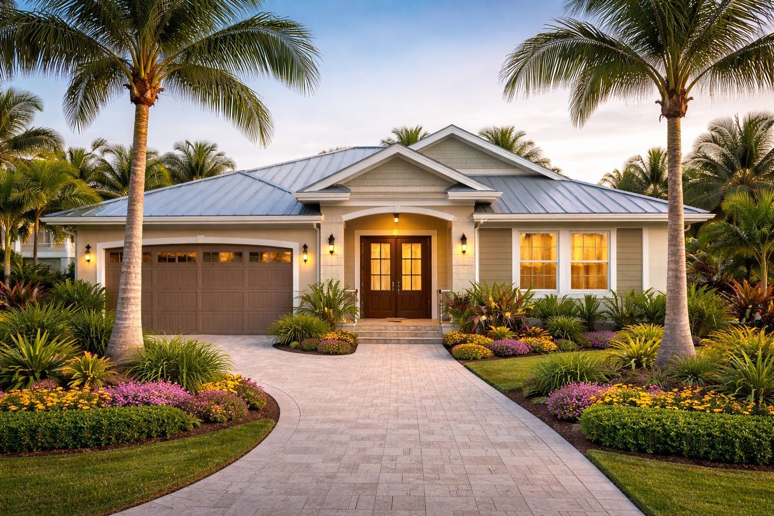 Two-story house with a front porch, red door, and green lawn on a sunny day.