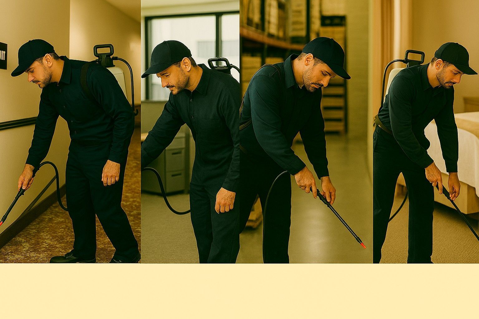 Person in protective suit spraying insecticide in an office.