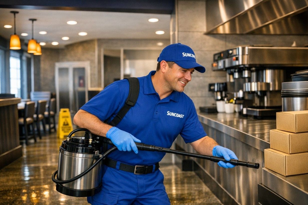 A service technician in a blue uniform and gloves uses a handheld spray device to sanitize a kitchen counter.