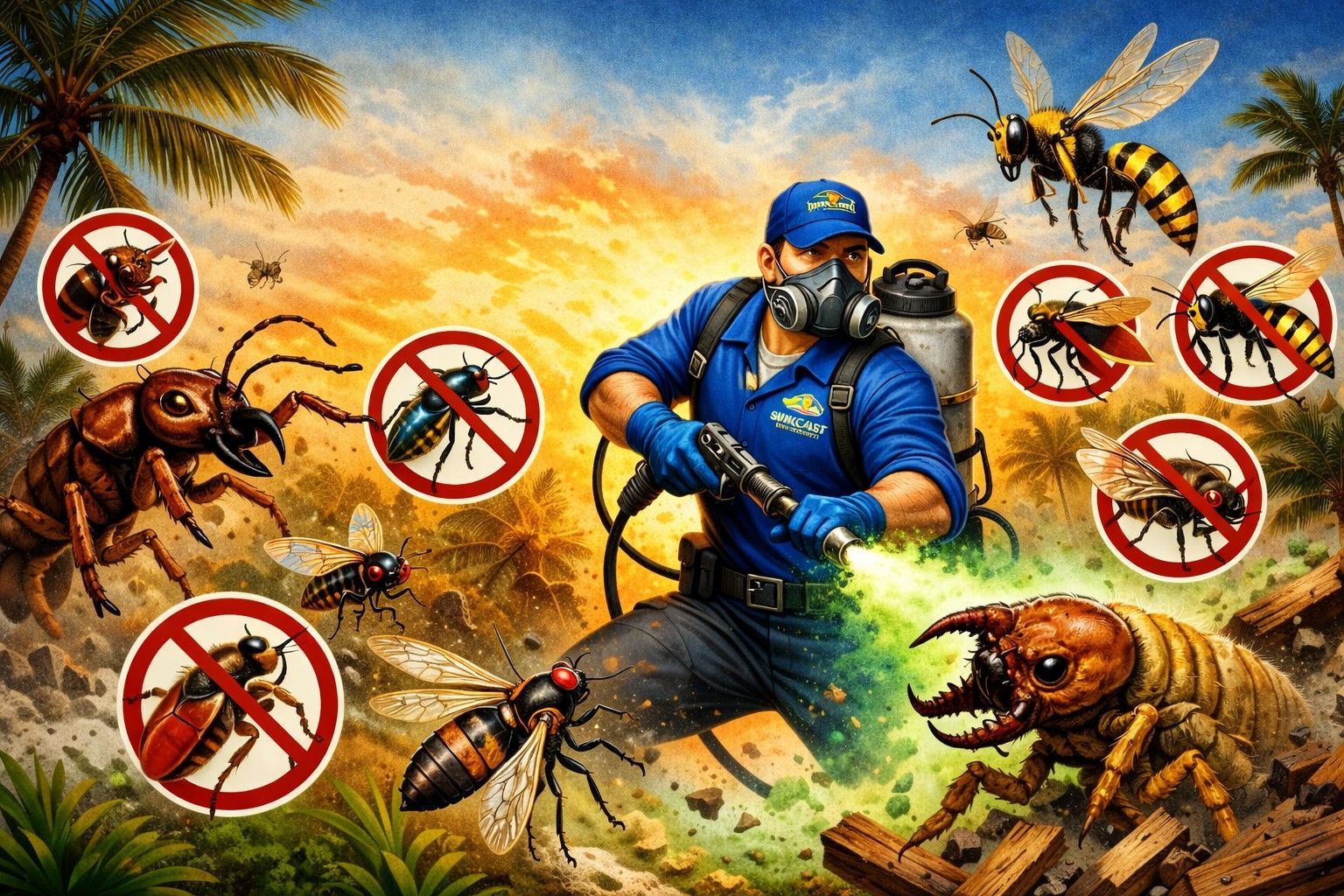 A pest control technician in a blue uniform and a gas mask sprays a green mist at giant insects in a tropical setting.