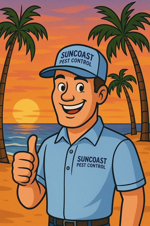 Man in blue uniform giving thumbs up on beach at sunset, Suncoast Pest Control logo.