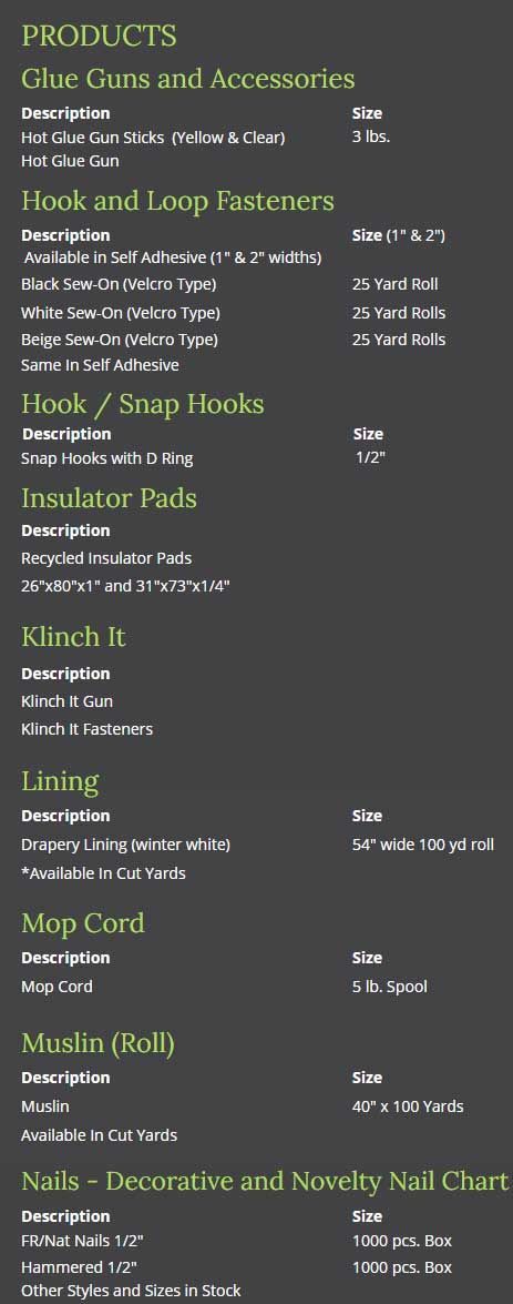 upholstery supplies lists