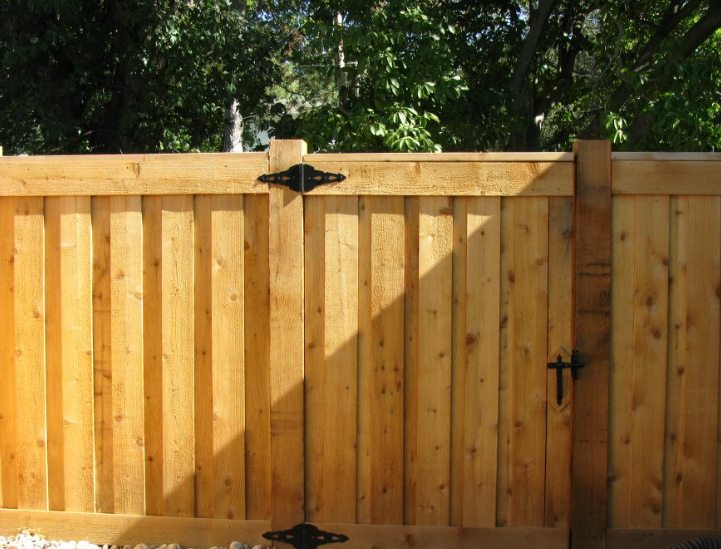 A wooden privacy fence featuring a gate with black metal hinges and a latch, set against a background of trees.