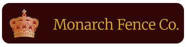Logo for Monarch Fence Co. with a gold crown icon next to the brand name in gold text on a dark red rectangular background.