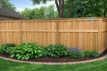 A white picket fence stands in front of a gray house with a gray shingled roof on a bright, sunny day.