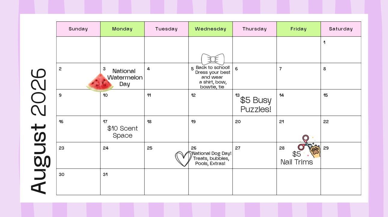August 2026 calendar with pastel headers and small doodles on several dates