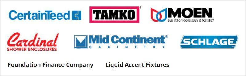 CertainTeed, Tamko, Moen, Cardinal Shower Enclosures, Mid Continent Cabinetry, Schlage, Foundation Finance Company, Liquid Accent Fixtures logos