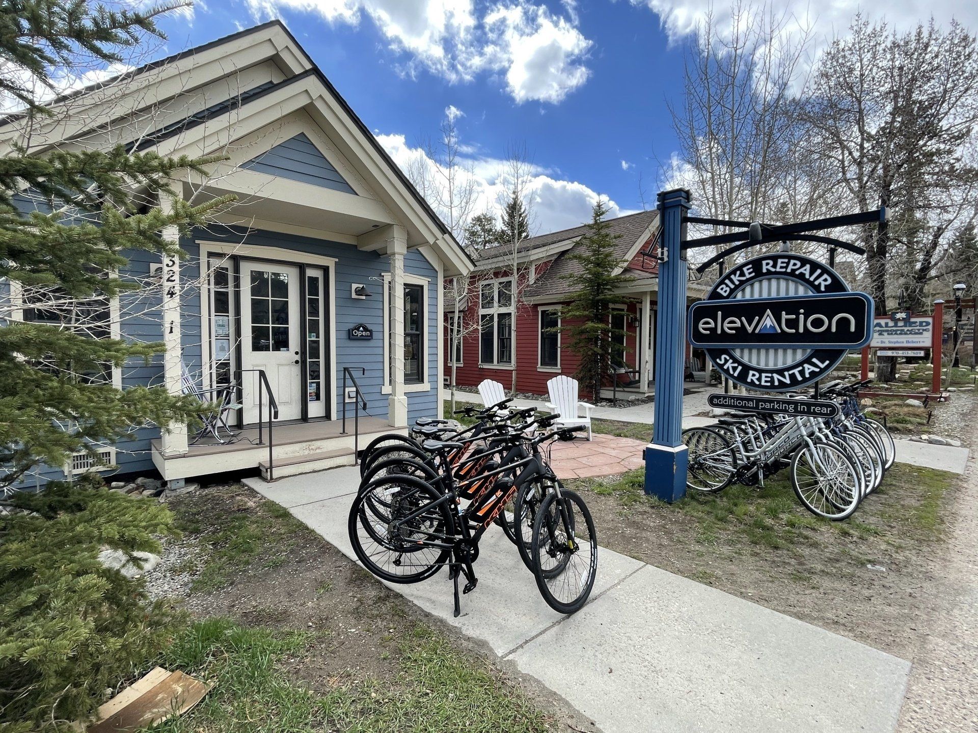 New eBikes displayed in front of Elevation Ski & Bike.