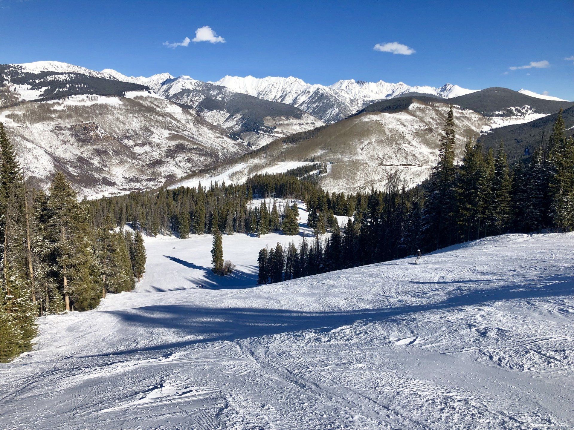 A snowy mountain with trees and mountains in the background