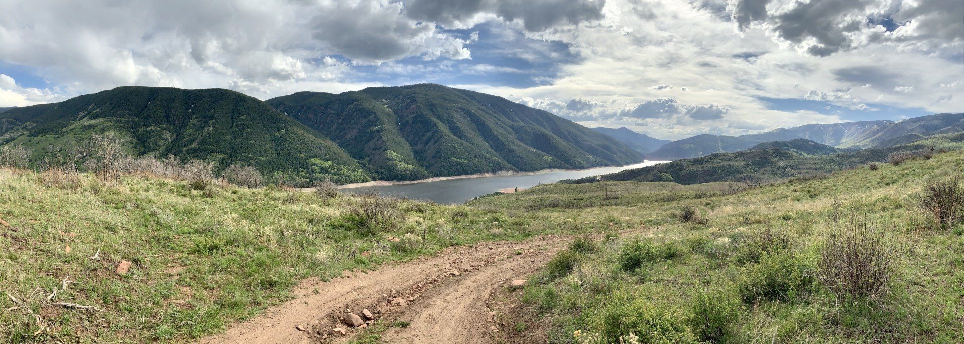 A dirt road going through a grassy field with mountains in the background.