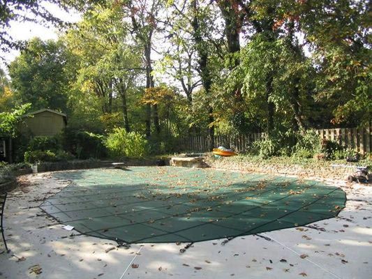 A swimming pool with a green cover on it is surrounded by trees.