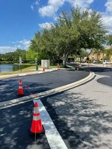 Curved waterfront road with orange traffic cones, white lane markings, and trees under a blue sky