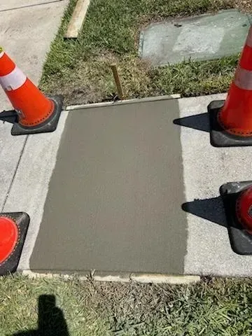 Fresh gray concrete patch between sidewalk slabs, bordered by orange traffic cones and grass.