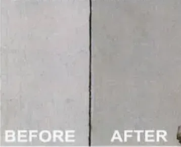 Before-and-after split image of a wall crack: the left side shows a wider crack, the right side a repaired one.