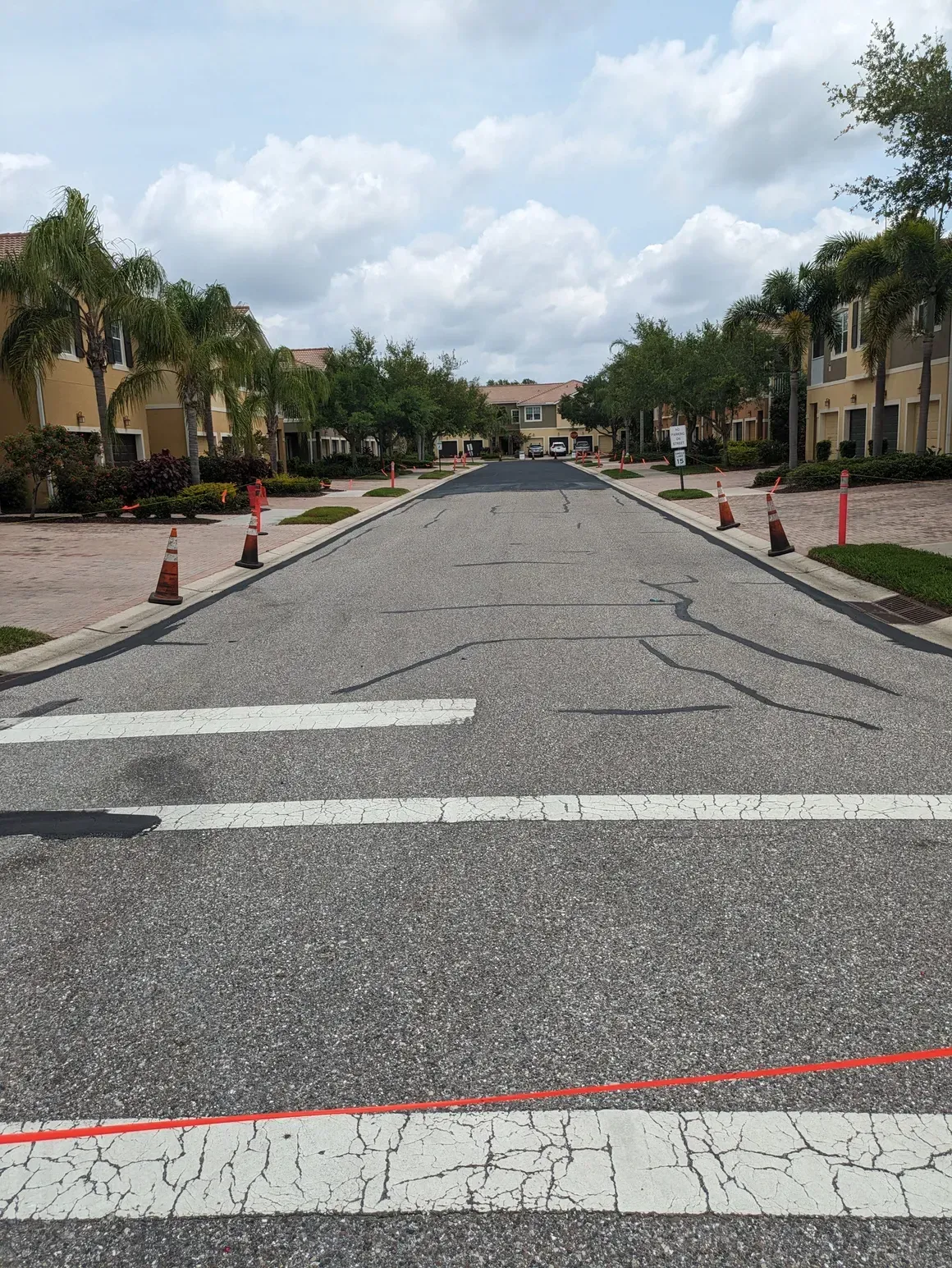 Cracked street in a residential complex, lined with palm trees, cones, and a cloudy sky.