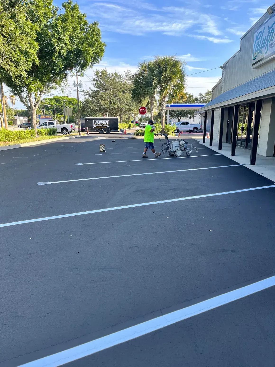 Person in neon shirt with dog and bicycle in a parking lot beside storefronts and trees