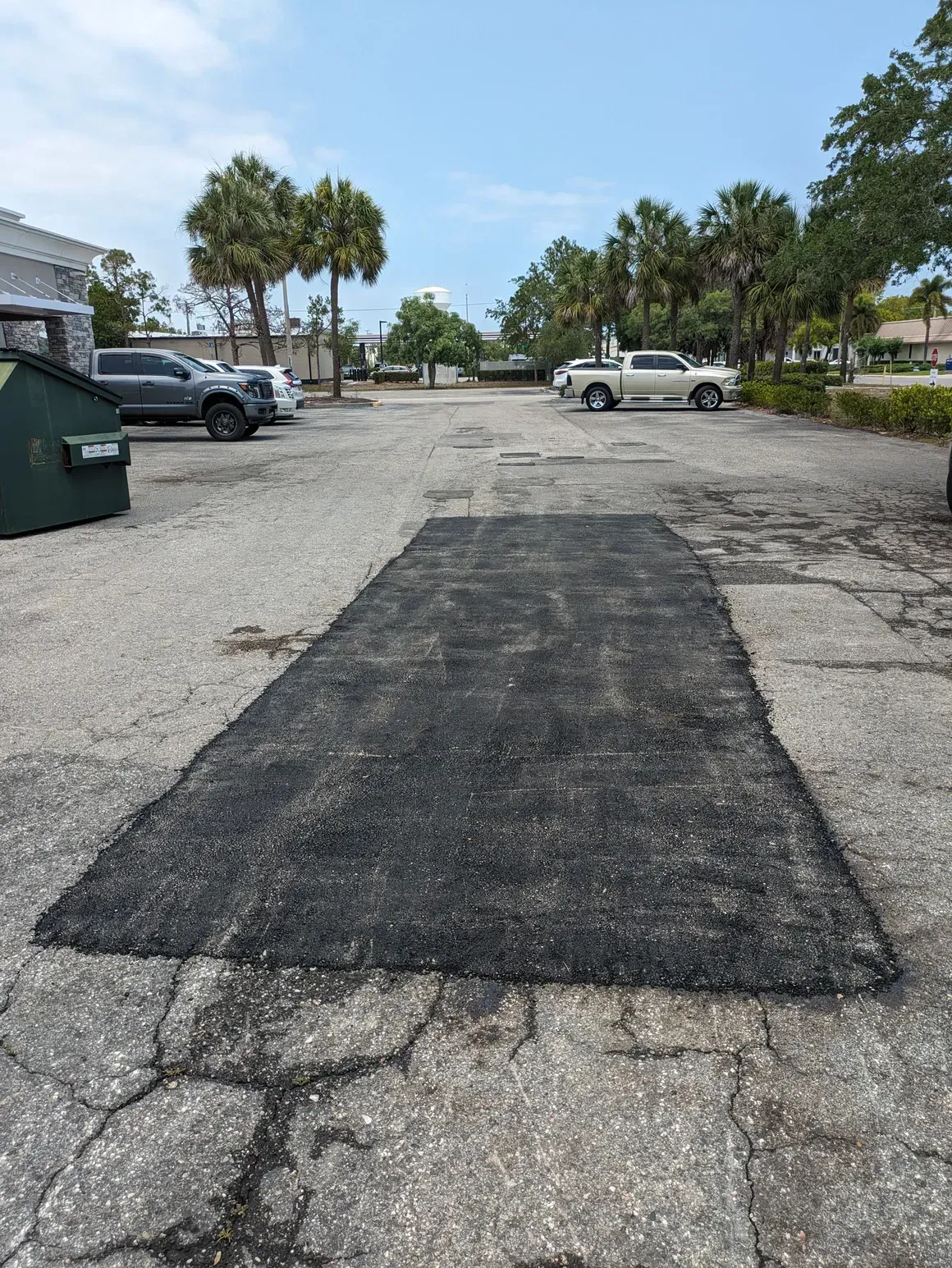 Cracked asphalt lot with parked cars, palm trees, and a dumpster on a sunny day
