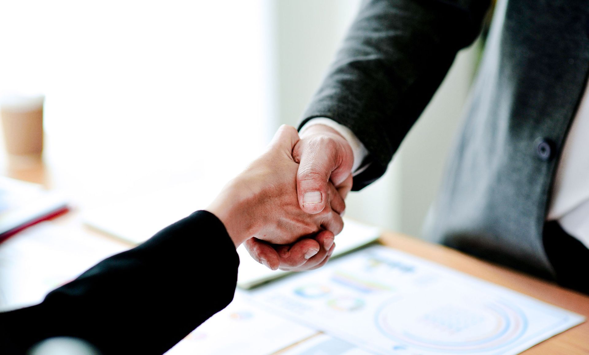 A man and a woman are shaking hands over a table.