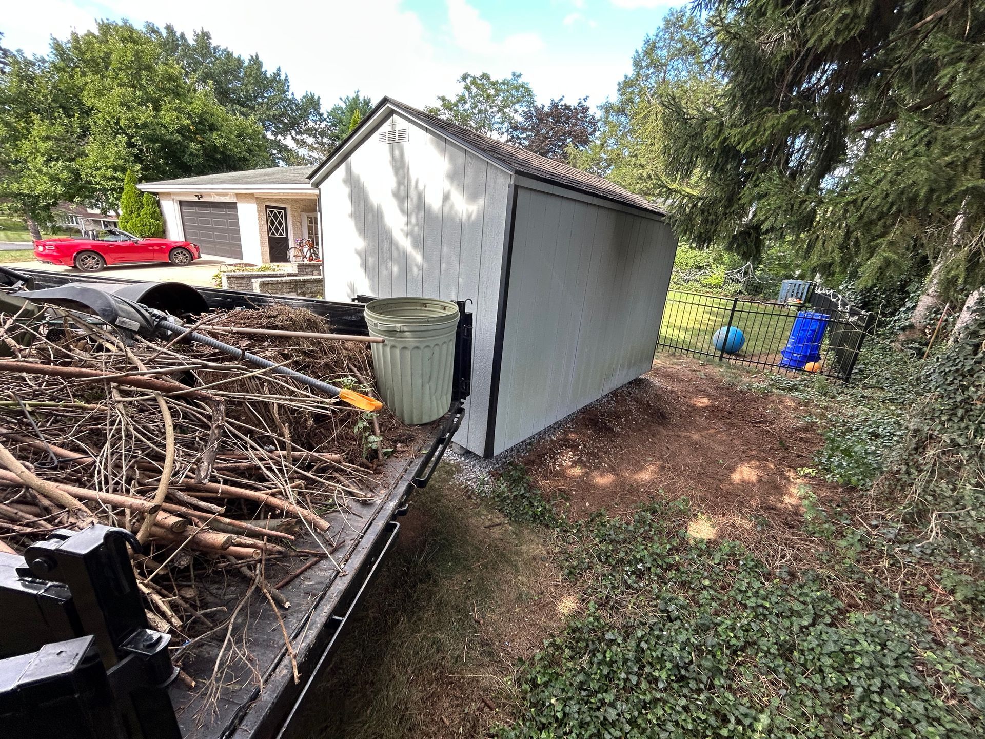 Truck bed overflowing with branches next to a shed. A red car is parked nearby on a sunny day.