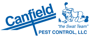 Canfield Pest Control logo in white text on a blue background