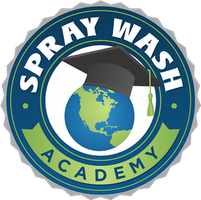 A logo for spray wash academy with a graduation cap on a globe