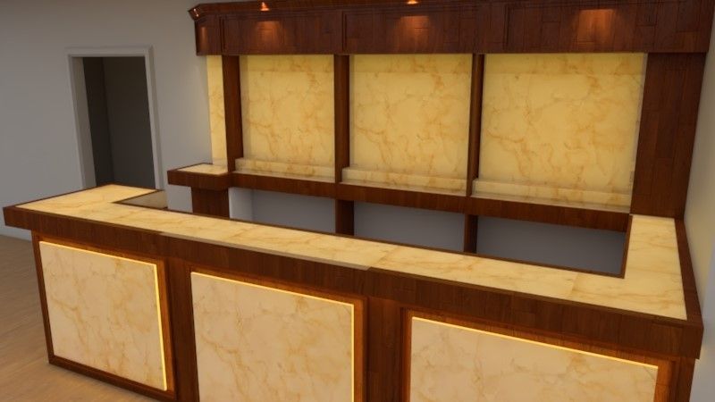 A 3d rendering of a long wooden counter in a room.