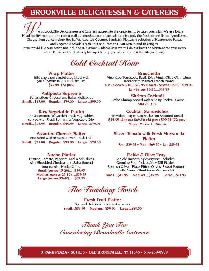 Brookville Deli Caterers Catering Menu Glen Head Ny