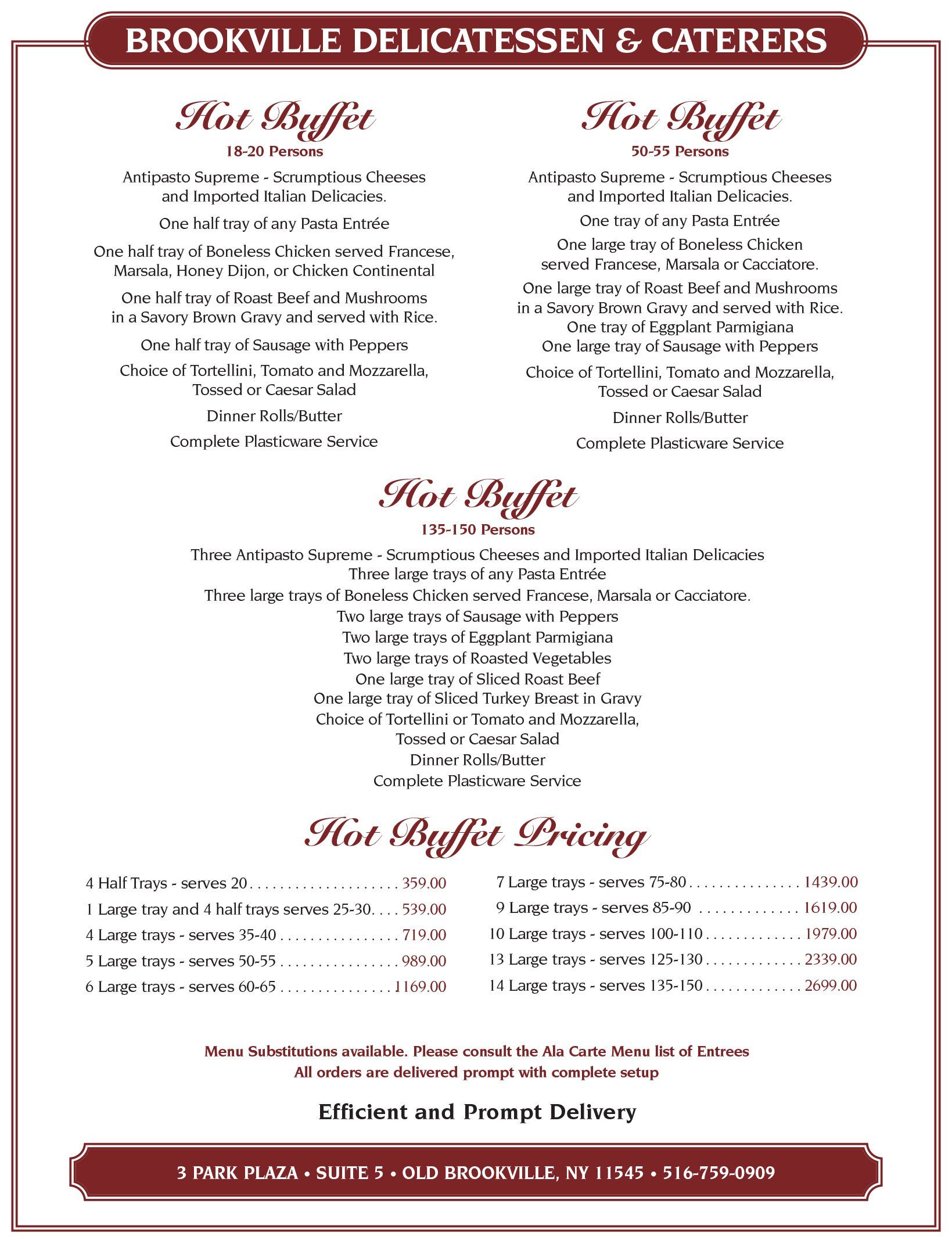Brookville Deli & Caterers Catering Menu Glen Head, NY