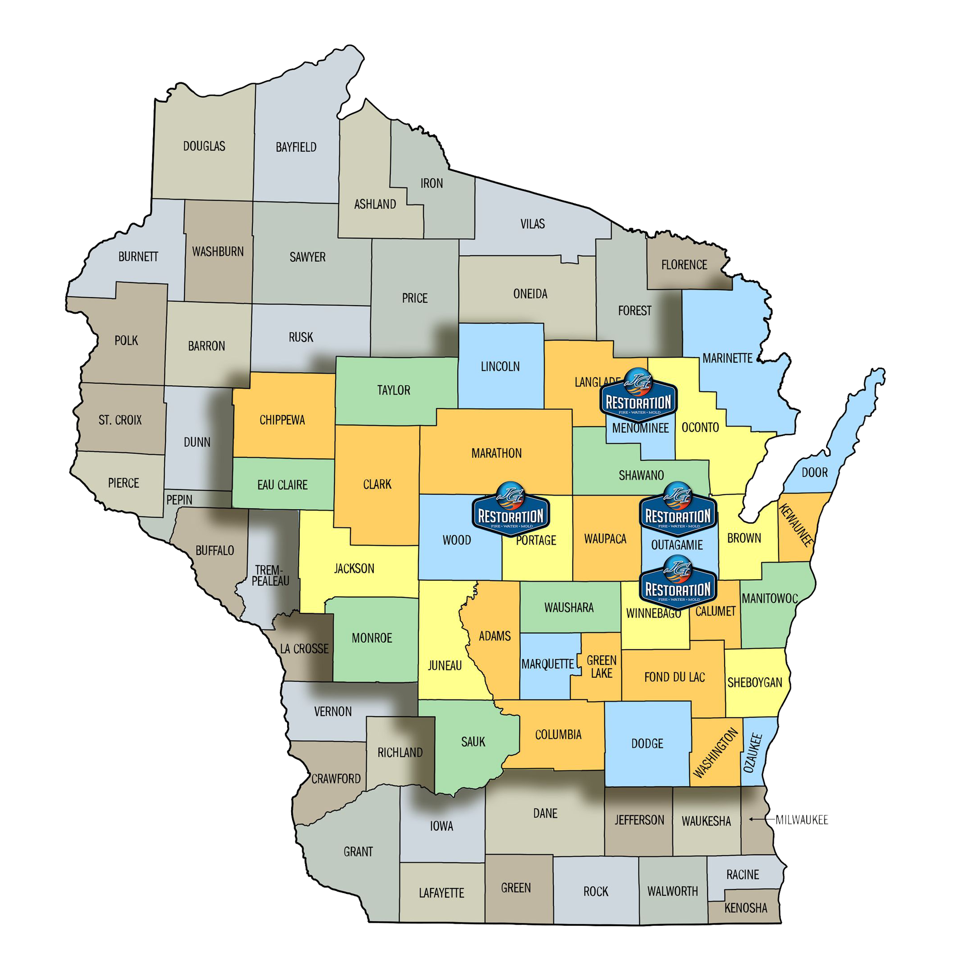 A map of the state of wisconsin showing the county boundaries