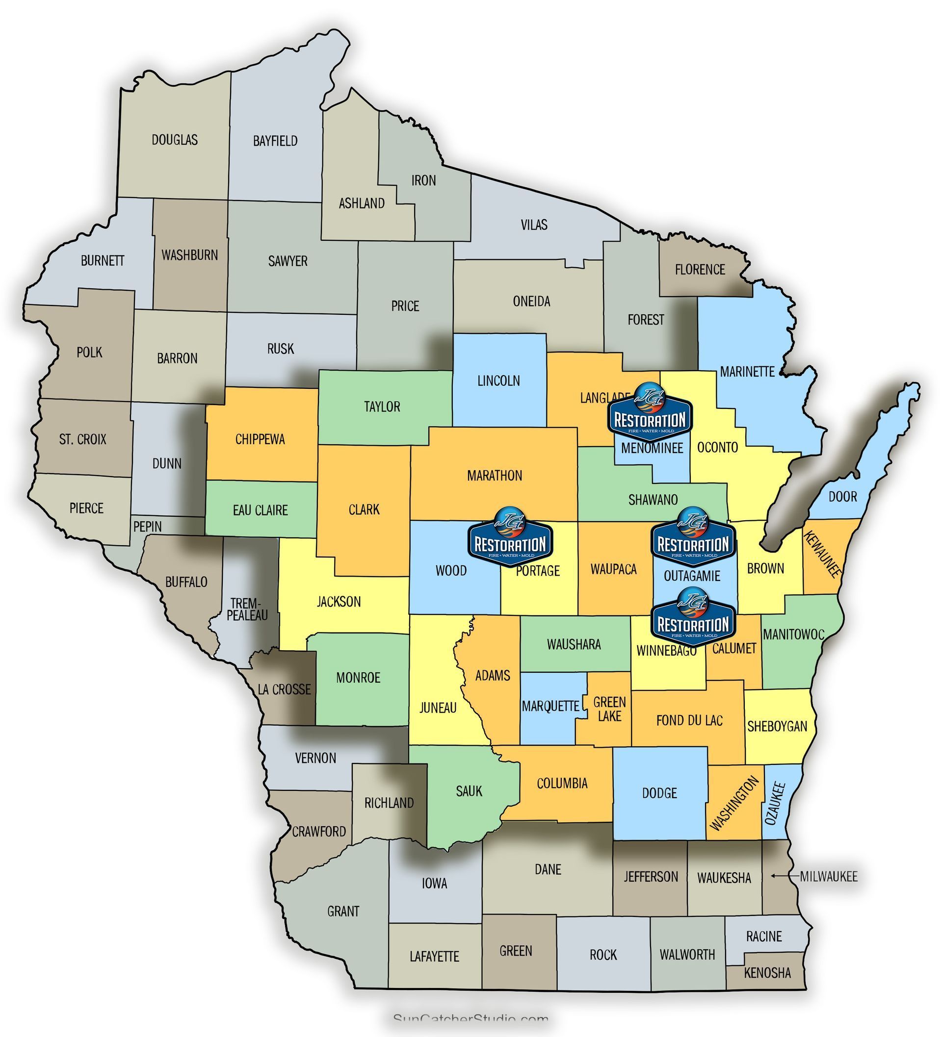 A map of the state of wisconsin showing the county boundaries