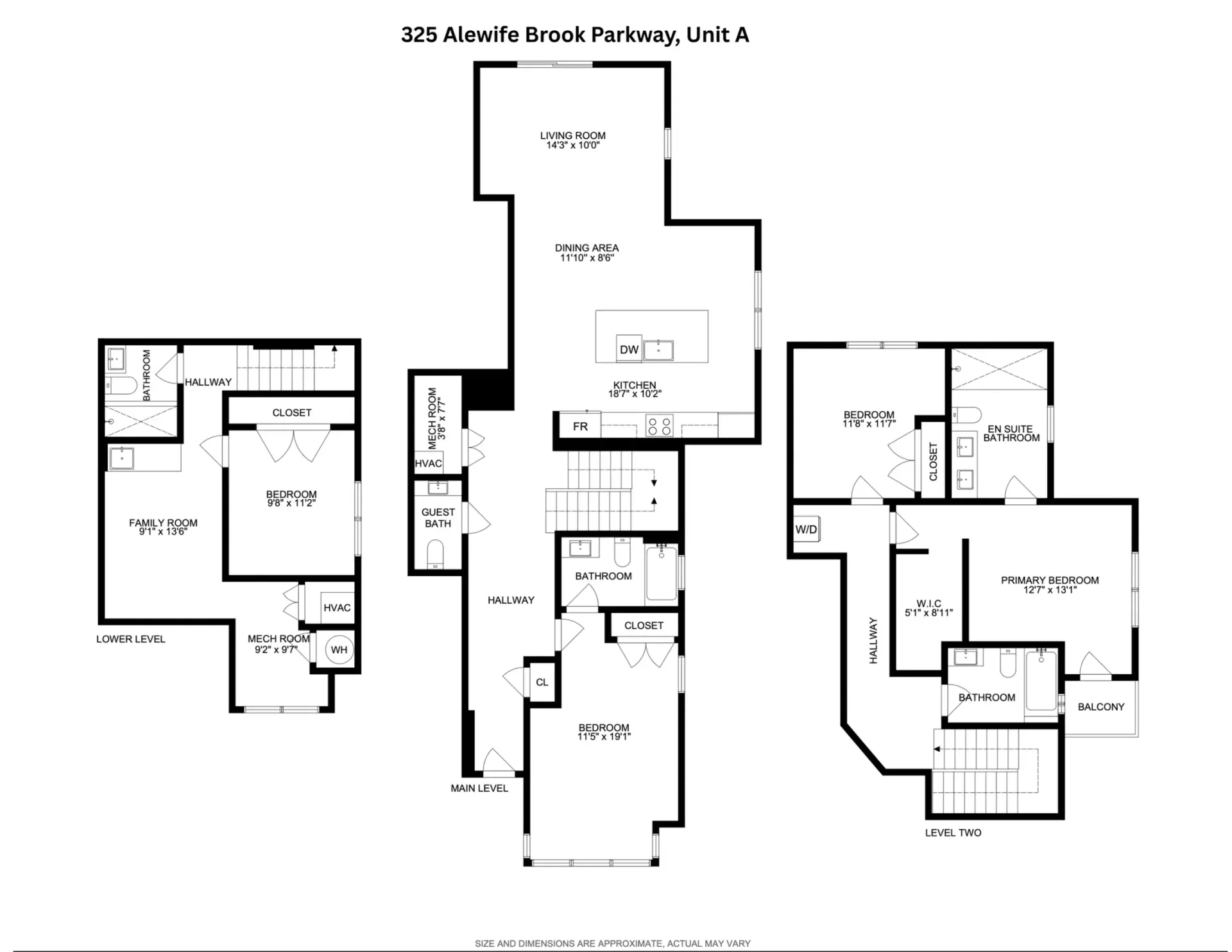 Black-and-white real estate floor plan layout with three unit diagrams and room labels