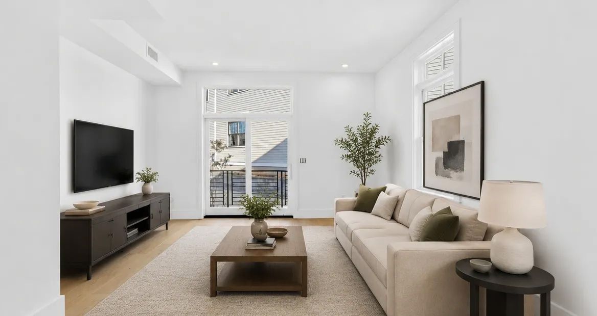 Bright minimalist living room with beige sofa, TV, coffee table, and window view.