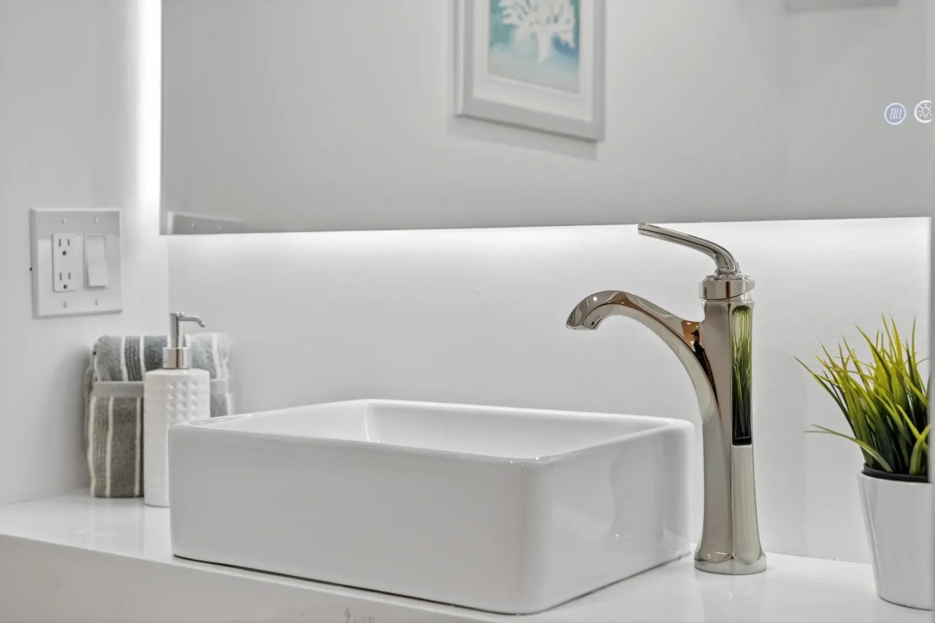 Modern white bathroom sink with faucet, soap dispenser, and small plant on a clean countertop.