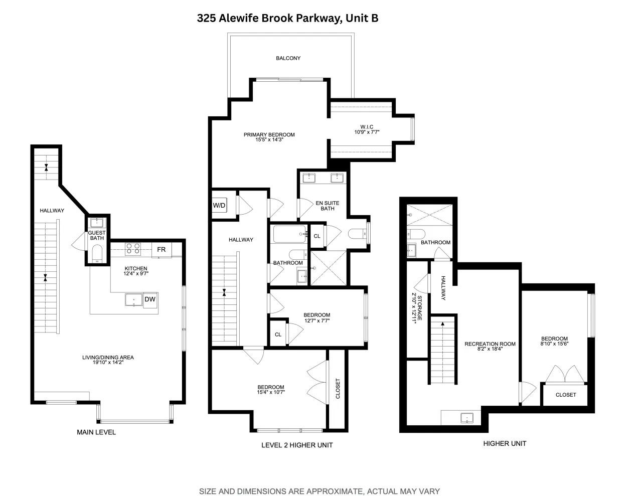 Three black-and-white architectural floor plan drawings on a white background